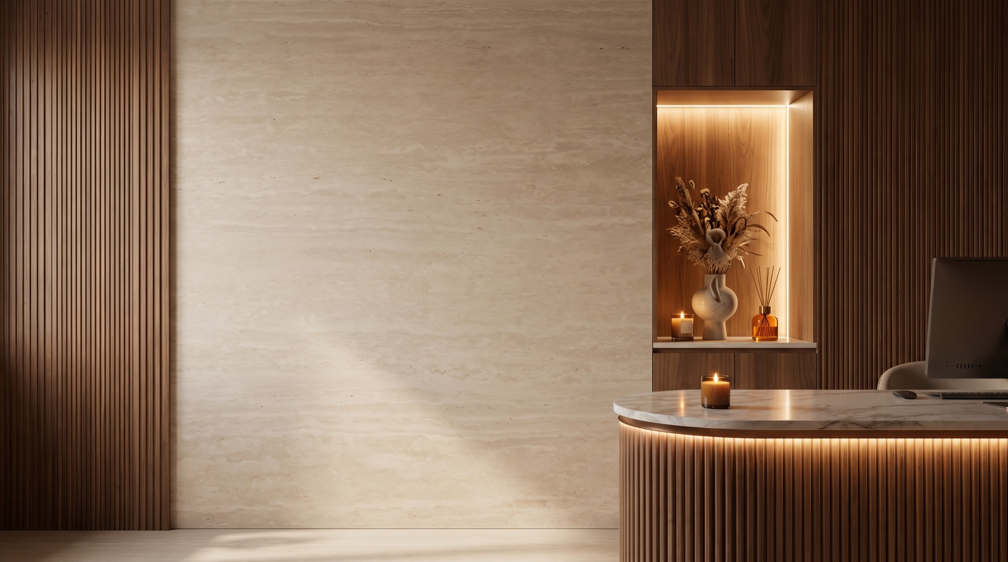 Evolve Skin & Wellness reception — warm travertine, walnut, candlelight